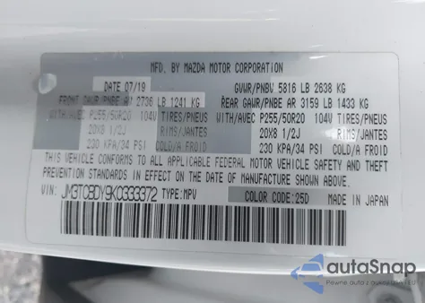 2019 Mazda Cx-9 Grand Touring z USA, uszkodzony, nr VIN JM3TCBDY9K0333372